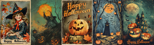 Collection set of vintage Halloween cards, Happy Halloyeen greetings, holiday celebration with carved pumpkins, witches and Jack-o-lanterns