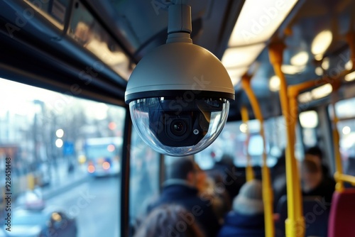 Dome surveillance camera on a public bus interior photo