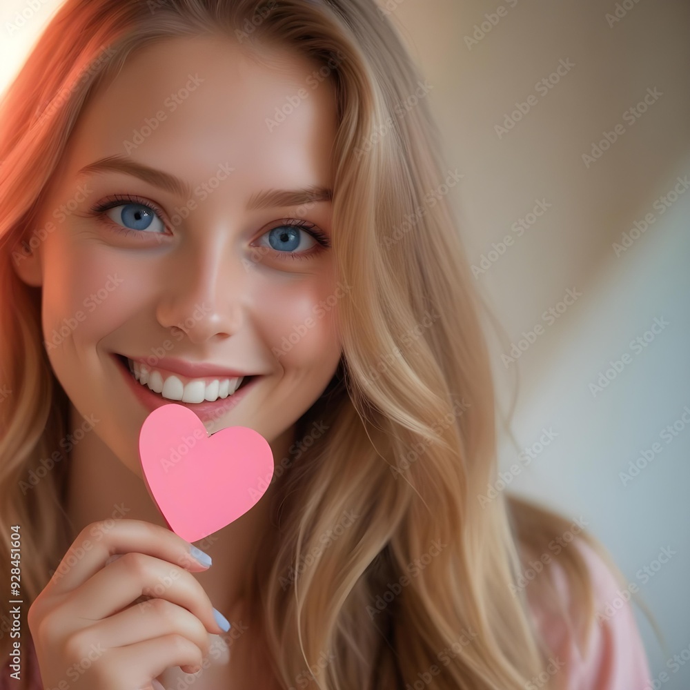 Self acceptance, love yourself concept of a woman holding a pink love heart and smiling Self acceptance, love yourself concept of a woman holding a pink love heart and smiling