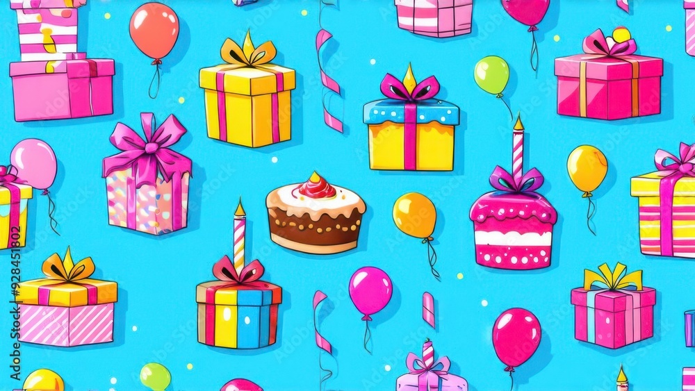 Fun hand drawn party seamless background with cakes, gift boxes, balloons and party decoration. Great for birthday parties, textiles, banners, wallpapers, wrapping Fun hand drawn party seamless background with cakes, gift boxes, balloons and party decoration. Great for birthday parties, textiles, banners, wallpapers, wrapping