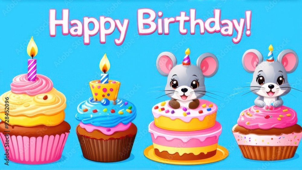 Happy birthday collection with cute little mouse and cakes. Birthday party vector illustration for greeting card, invitation, event, poster, sticker, prints Happy birthday collection with cute little mouse and cakes. Birthday party vector illustration for greeting card, invitation, event, poster, sticker, prints