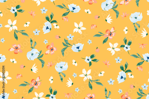 Cute feminine seamless watercolor pattern with little tiny wildflowers, hand drawn, not AI