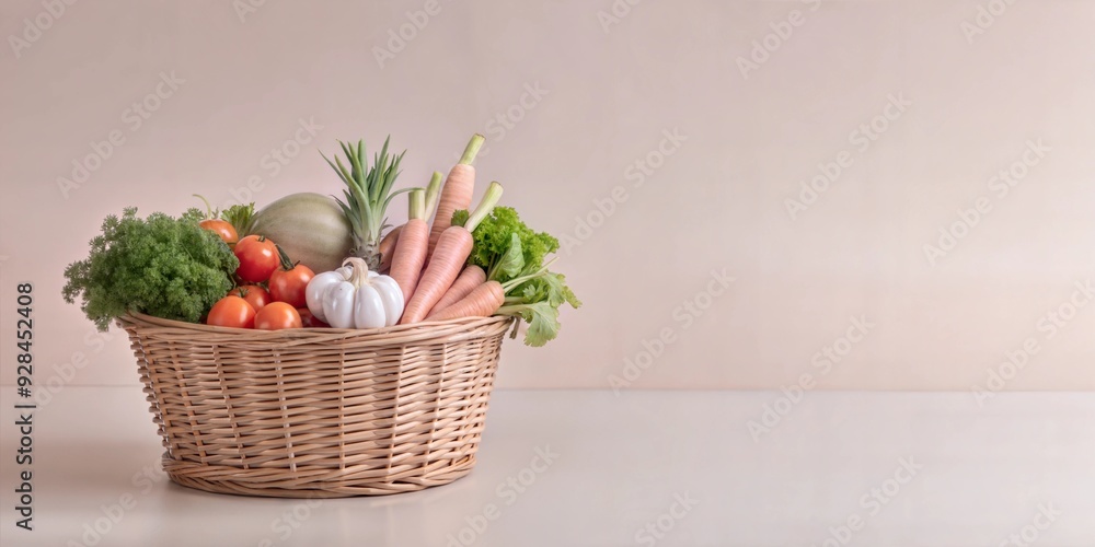 Organic vegetable basket, with roots and greens, 3D illustration. copy space for text, no text, no logo Organic vegetable basket, with roots and greens, 3D illustration. copy space for text, no text, no logo