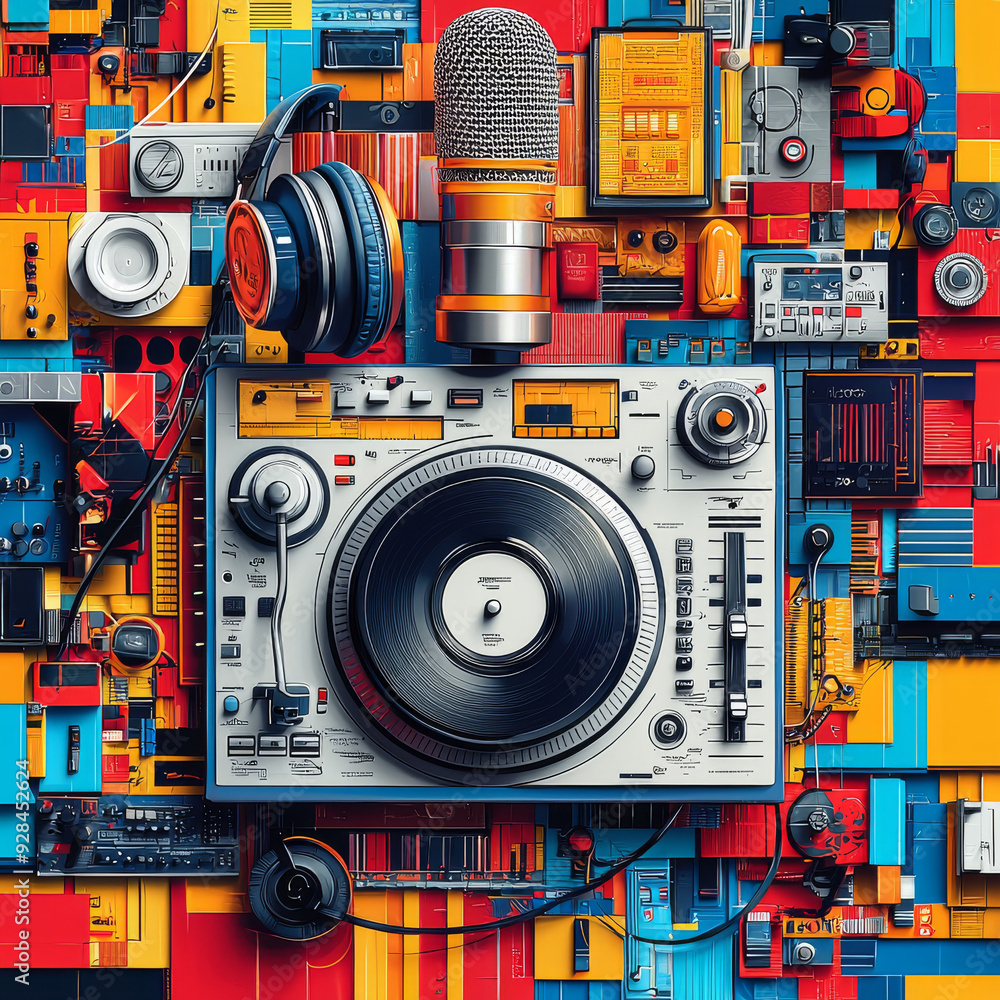 Fototapeta premium Vibrant DJ Equipment with Headphones and Microphone