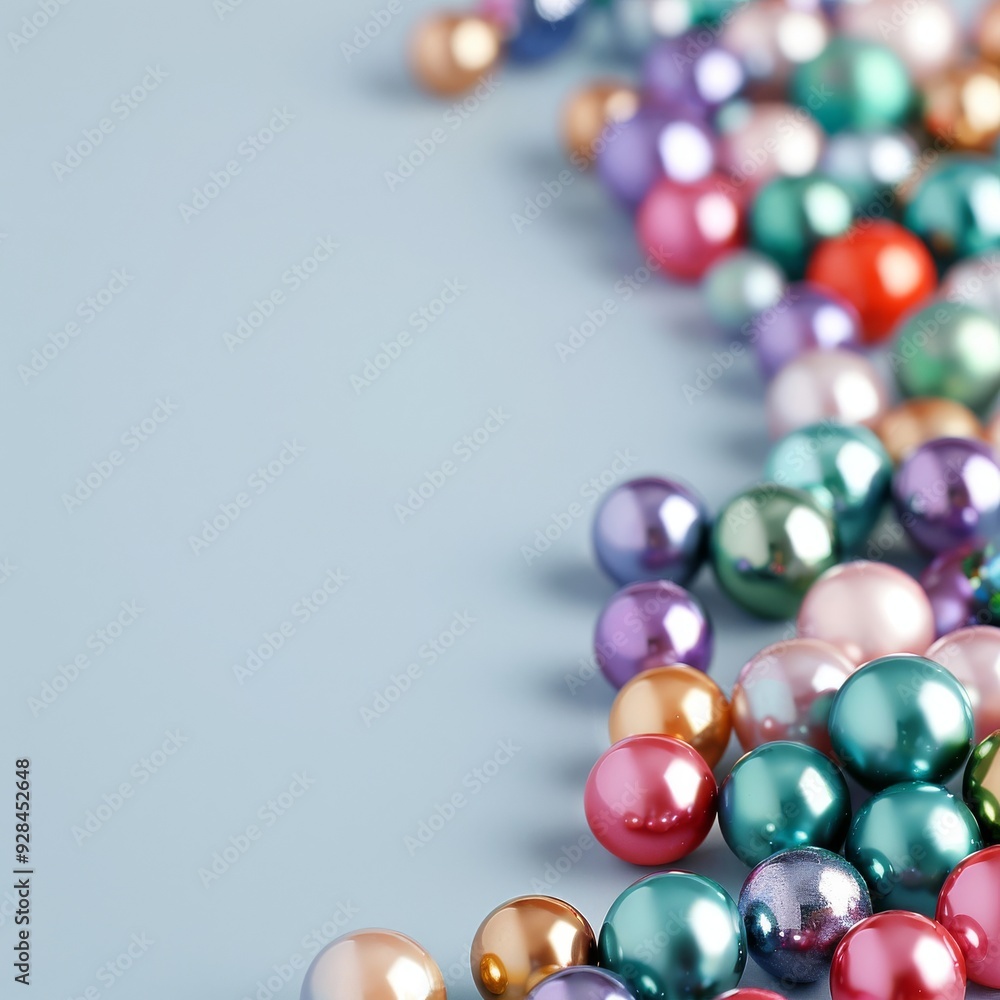 A vibrant collection of colorful pearls scattered on a soft blue surface, perfect for creating a joyful and festive atmosphere. A vibrant collection of colorful pearls scattered on a soft blue surface, perfect for creating a joyful and festive atmosphere.