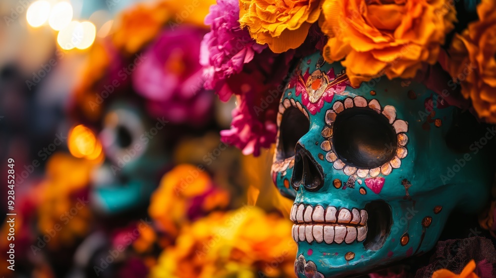 Day of the Dead Skull with Flowers and Candles Close-Up Day of the Dead Skull with Flowers and Candles Close-Up