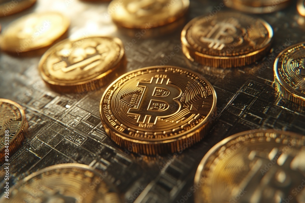 Bitcoins on table Bitcoins on table