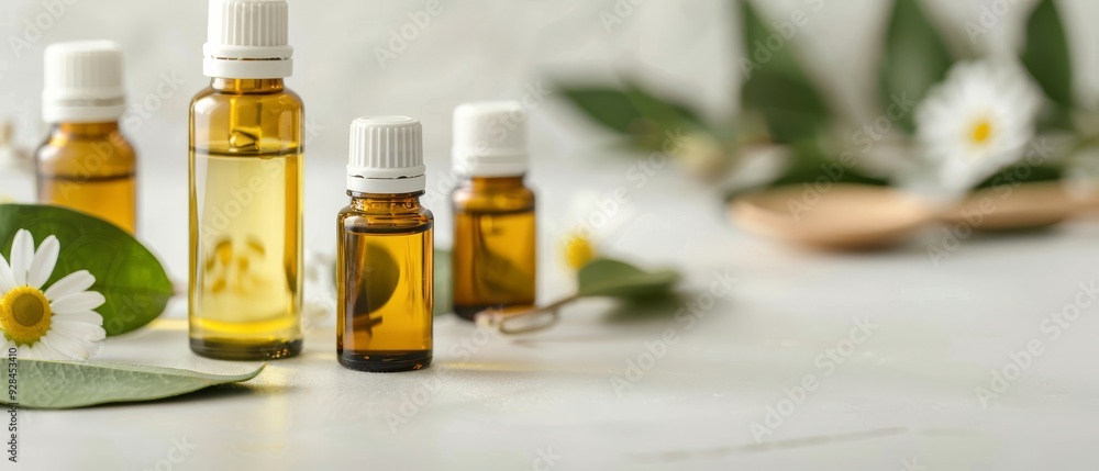 Aesthetic arrangement of essential oil bottles and leaves, perfect for wellness, aromatherapy, or natural beauty themes. Aesthetic arrangement of essential oil bottles and leaves, perfect for wellness, aromatherapy, or natural beauty themes.