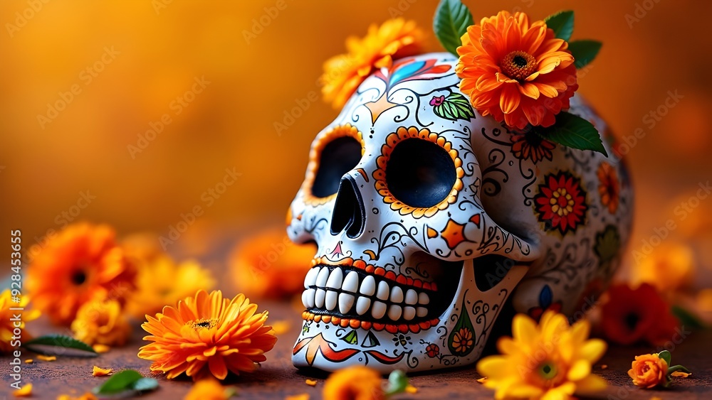 Dia de los Muertos traditional sugar skull with yellow flowers day of the dead celebration Dia de los Muertos traditional sugar skull with yellow flowers day of the dead celebration