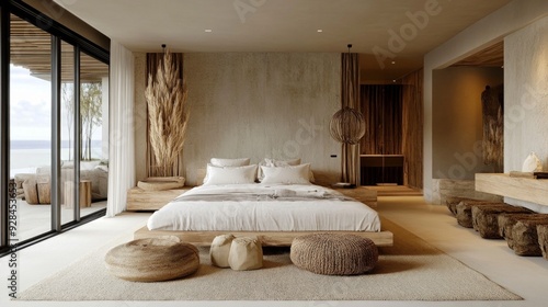 Stylish bedroom featuring hemp material and natural decor in a modern home interior