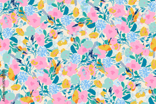 Abstract floral seamless pattern. Bright colors, gouache painting.hand drawn, not AI