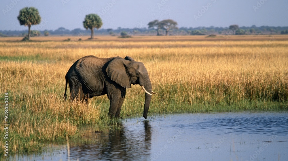 Elephant Drinking From A Waterhole In The Savanna. Elephant Drinking From A Waterhole In The Savanna.