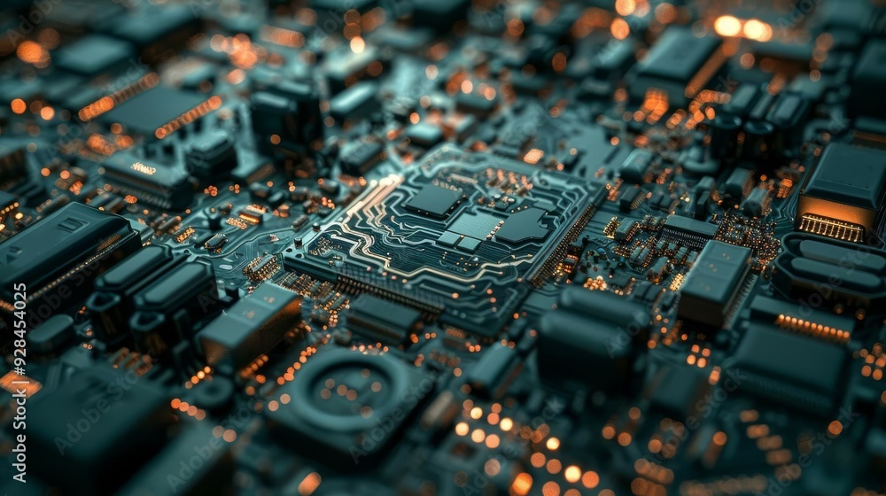Close-up of a modern circuit board with intricate details, showcasing advanced technology and illuminated components. Close-up of a modern circuit board with intricate details, showcasing advanced technology and illuminated components.