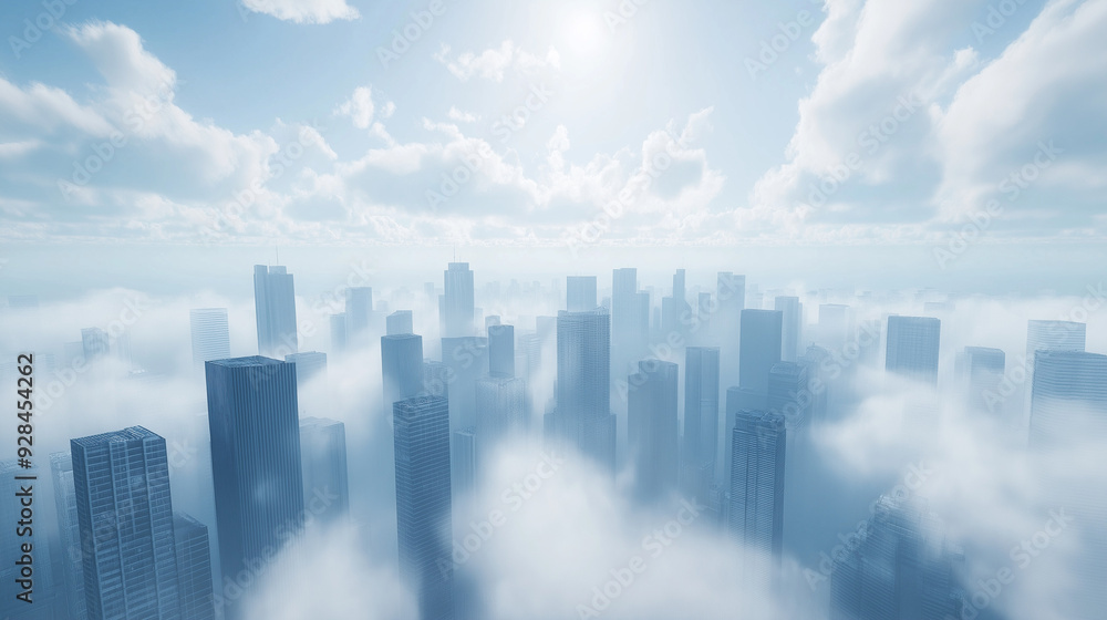 Fototapeta premium clouds over city, A modern city skyline with clouds moving swiftly above the buildings, showing the dynamic interplay between