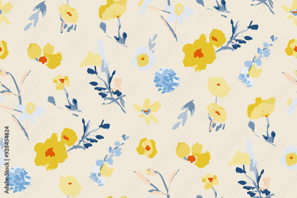 Fototapeta premium Abstract floral seamless pattern. Bright colors, gouache painting.hand drawn, not AI