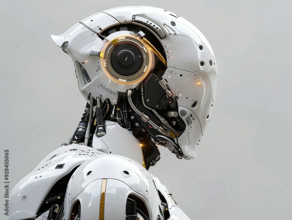A futuristic humanoid robot with intricate design details and illuminated features against a neutral background A futuristic humanoid robot with intricate design details and illuminated features against a neutral background