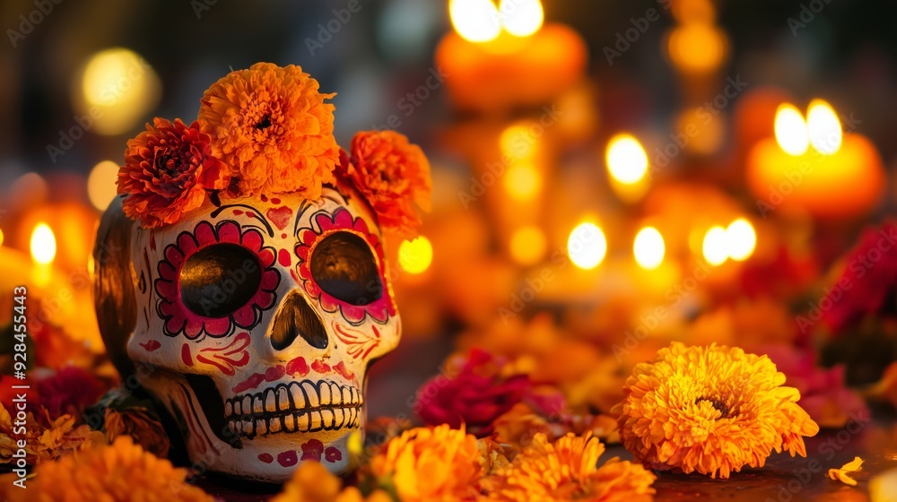 Day of the Dead Skull with Flowers and Candles Close-Up Day of the Dead Skull with Flowers and Candles Close-Up