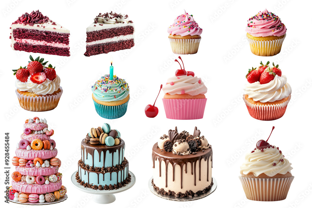 Set of colorful birthday cakes and cupcakes Set of colorful birthday cakes and cupcakes