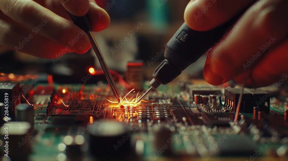 A technician soldering wires on a circuit board, with close-up details of the soldering iron and the precise connections being made A technician soldering wires on a circuit board, with close-up details of the soldering iron and the precise connections being made