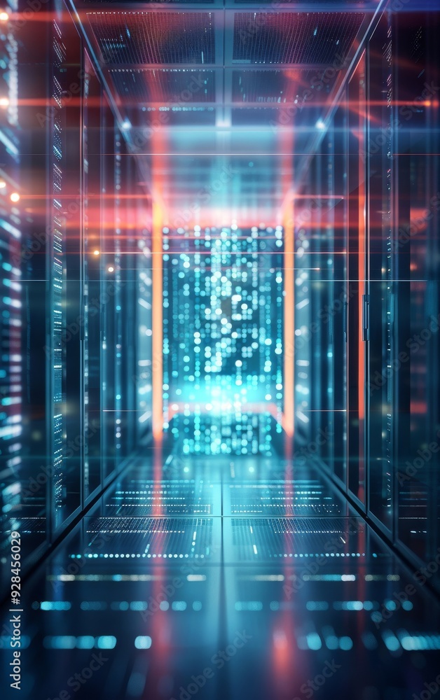 High-tech data center with glowing servers and digital streams, showcasing modern technology and connectivity. High-tech data center with glowing servers and digital streams, showcasing modern technology and connectivity.