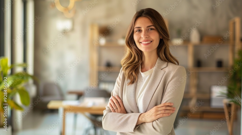 Confident businesswoman with crossed arms smiling in modern office, facing camera, embodying success in professional attire with sleek hairstyle. Confident businesswoman with crossed arms smiling in modern office, facing camera, embodying success in professional attire with sleek hairstyle.