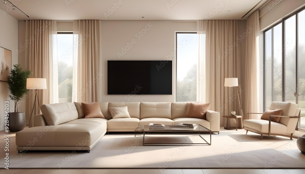 3d rendering of a luxury and modern living room showcasing a beige leather sofa, 3d rendering of a luxury and modern living room showcasing a beige leather sofa,