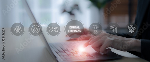 Tableau sur toile A person interacts with a laptop, surrounded by floating icons representing digital literacy, AI, and technology, highlighting the importance of digital skills and modern technological advancements