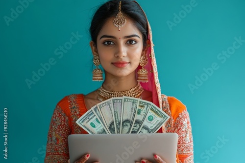 Indian Asian woman holding laptop and fanning Indian rupees cash, blue background, Generative AI photo