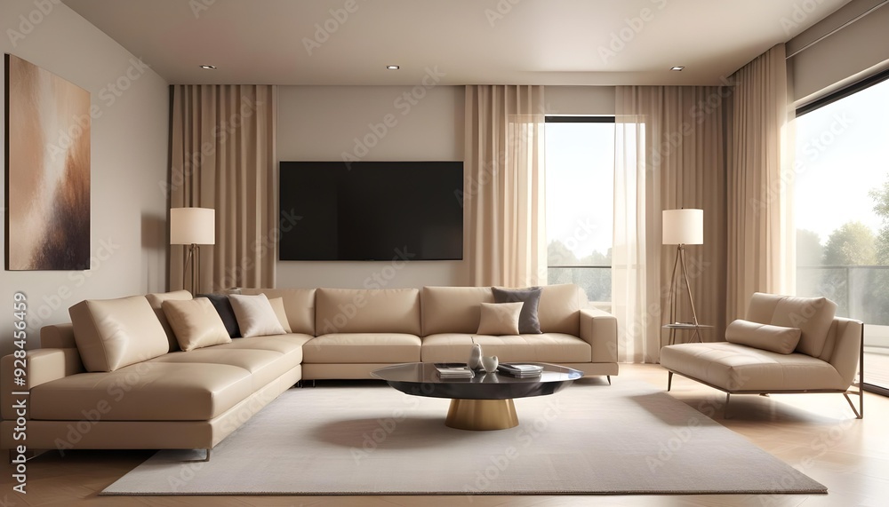 3d rendering of a luxury and modern living room showcasing a beige leather sofa, 3d rendering of a luxury and modern living room showcasing a beige leather sofa,