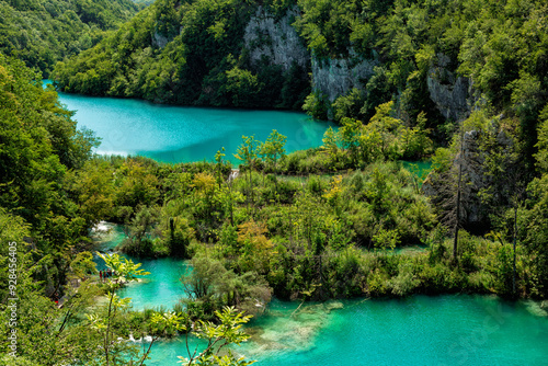 Plitvice Lakes National Park famouse national park with terraced blue lakes, joined by waterfalls, Karlovac County in Croatia. photo