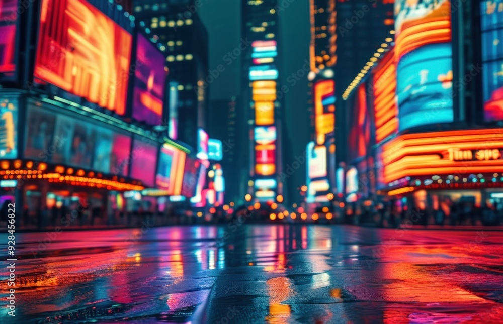 Nighttime city street illuminated by neon signs. Nighttime city street illuminated by neon signs.