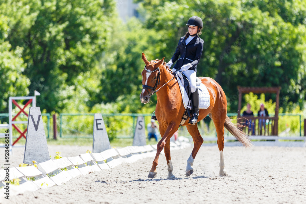 Equestrian rider competes in dressage test on a sunny day at an outdoor arena Equestrian rider competes in dressage test on a sunny day at an outdoor arena