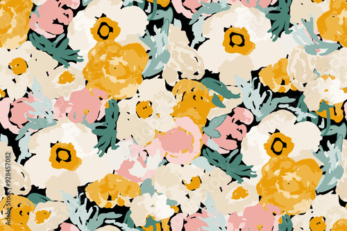 Abstract floral seamless pattern. Bright colors, gouache painting.hand drawn, not AI