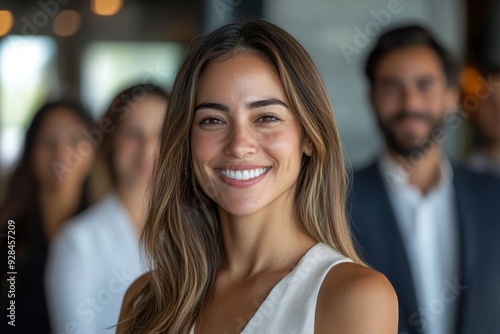 Happy smiling confident female hispanic businesswoman team leader standing together with diverse multiethnic business group in office. Company professional multinational staff, Generative AI