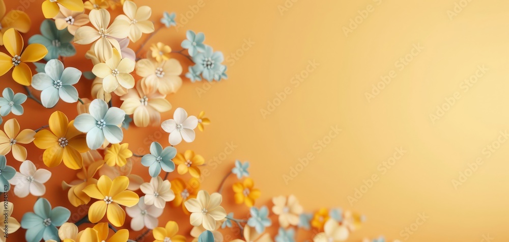 Vibrant paper flowers in soft colors against a warm orange backdrop, perfect for spring-themed designs and creative projects. Vibrant paper flowers in soft colors against a warm orange backdrop, perfect for spring-themed designs and creative projects.