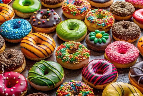 Vibrant assortment of colorful donuts adorned with tempting toppings such as sprinkles, glazes, and chocolate chips, showcasing a delightful variety of sweet treats.