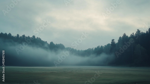 clouds or fog drifting through a forest or over a field in the early morning light, creating a mysterious and ethereal scener