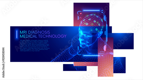 MRI, eeg or radiology tomography diagnosis medical science concept illustration. Electrodes sensor on head man patient. Scanner make Computer neurology medical exam of Brain. Brain medicine concept.