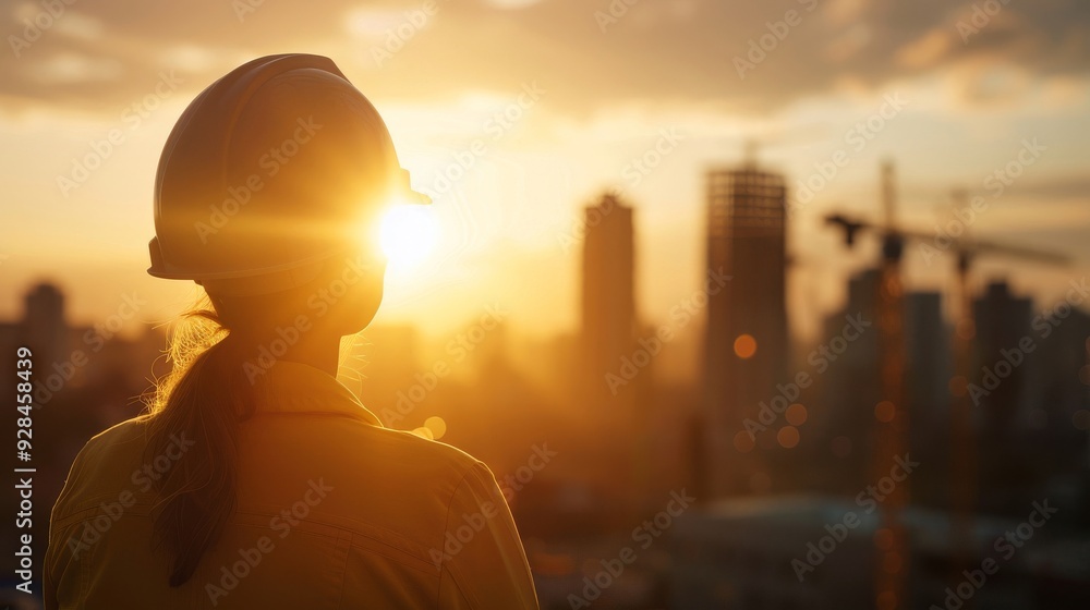 A construction worker watches the sunset over a city skyline, symbolizing dedication and progress in the industry. A construction worker watches the sunset over a city skyline, symbolizing dedication and progress in the industry.
