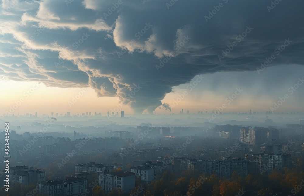 Cityscape featuring a prominent cloud overhead Cityscape featuring a prominent cloud overhead
