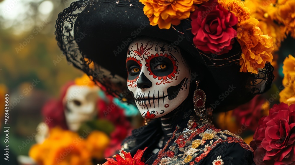 Day of the Dead Woman with Skull Face Paint and Charro Hat Day of the Dead Woman with Skull Face Paint and Charro Hat