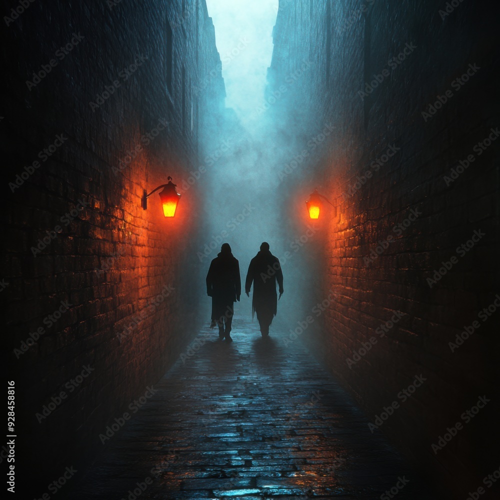 Fototapeta premium Eerie Halloween Alley with Shadowy Figures - Spooky 3D Illustration Capturing Nighttime Mystery and Suspense
