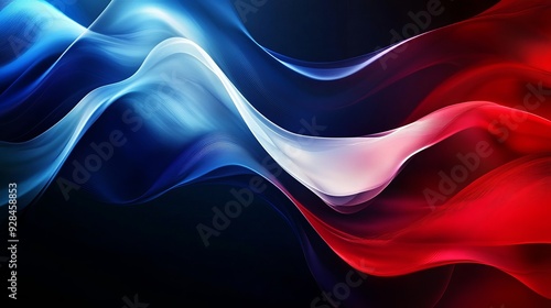 Flowing colors of blue, white, and red against a dark background
