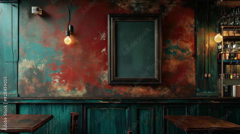 A blank picture frame hanging on the old textured wooden wall in a cosy old english or irish pub A blank picture frame hanging on the old textured wooden wall in a cosy old english or irish pub