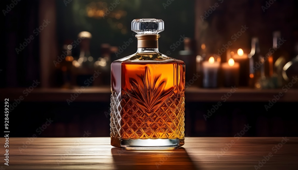 A luxurious whiskey bottle, made of crystal-clear glass, filled with amber liquid, stands prominently on a polished mahogany table. A luxurious whiskey bottle, made of crystal-clear glass, filled with amber liquid, stands prominently on a polished mahogany table.