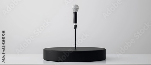 A minimalist microphone stands prominently on a sleek podium, ideal for presentations, speeches, or musical performances. photo