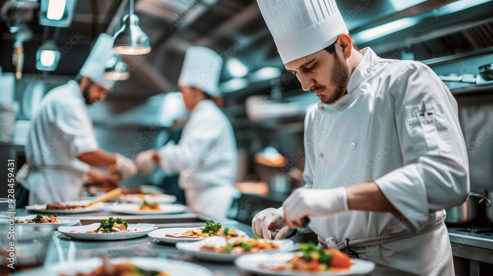 Chef cooks and presents a dish in the kitchen of a luxury restaurant Chef cooks and presents a dish in the kitchen of a luxury restaurant