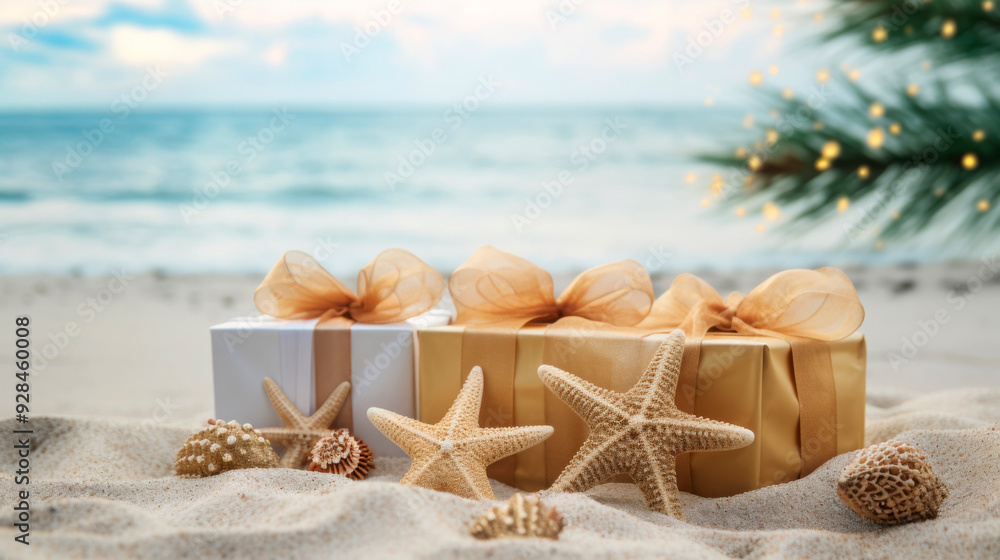 Gifts wrapped in golden ribbons alongside starfish on a sandy beach, blending festive cheer with tropical elements. Gifts wrapped in golden ribbons alongside starfish on a sandy beach, blending festive cheer with tropical elements.