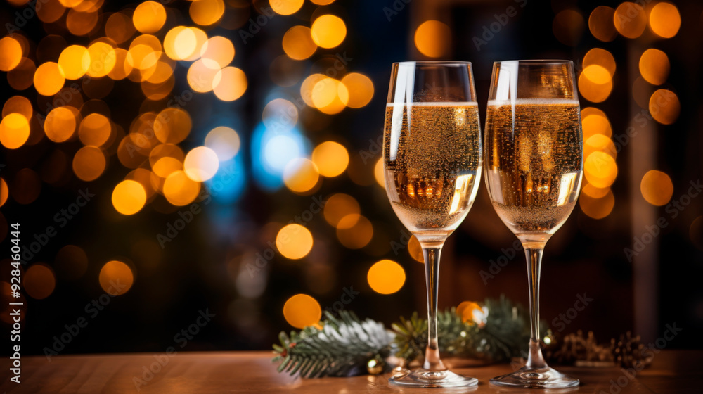 Two glasses of sparkling champagne against a backdrop of festive lights, perfect for celebrations and special occasions Two glasses of sparkling champagne against a backdrop of festive lights, perfect for celebrations and special occasions