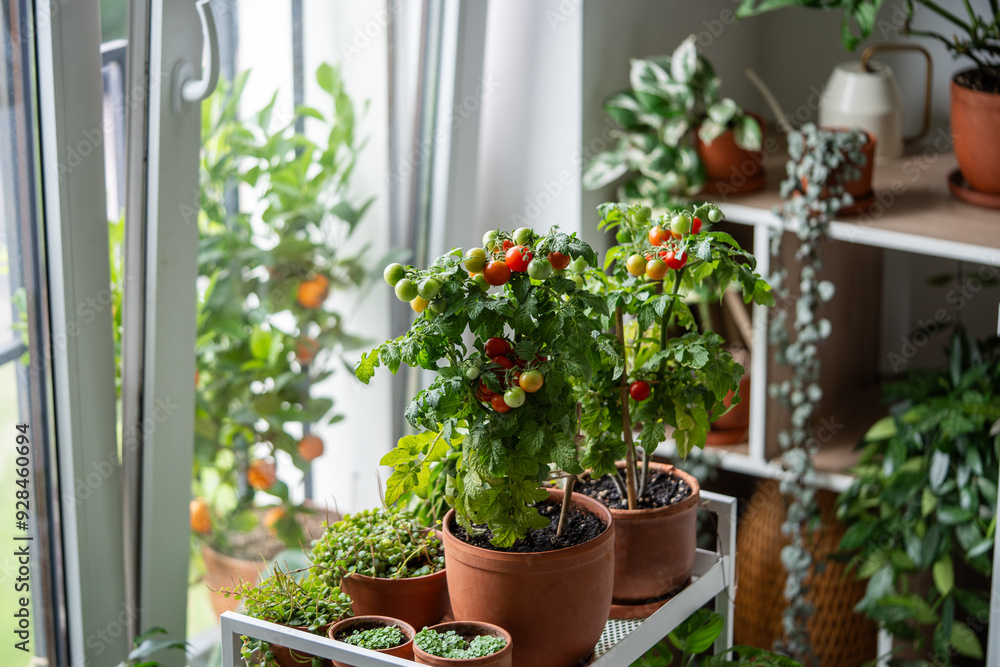 Fototapeta premium Fresh, juicy young cherry tomatoes grow in pots on home windowsill, reaching for light. Home garden with flowers, plants, horticulture with indoor cultivation. Eco friendly living, sustainable food